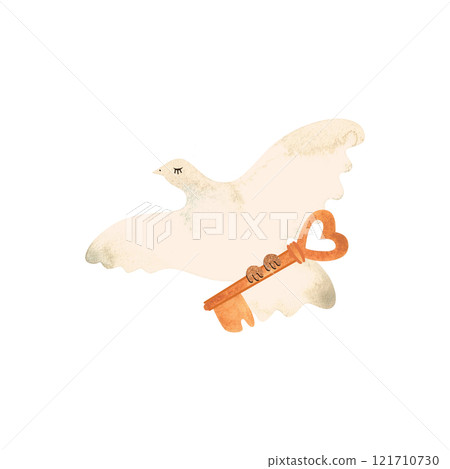 White dove flying with a golden key in its paws. Symbol of love. Isolated watercolor illustration for valentine card. Clipart. 121710730