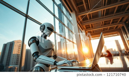 Humanoid Robot Working on Laptop in Modern Office with City Skyline View. Humanoid Robot Working on Laptop in Modern Office with City Skyline View. 121710740