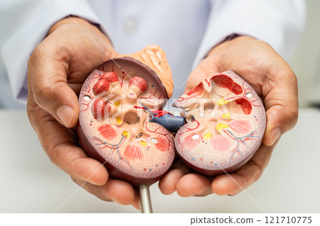 Chronic kidney disease, doctor with model for treatment urinary system, urology, Estimated glomerular filtration rate eGFR. 121710775