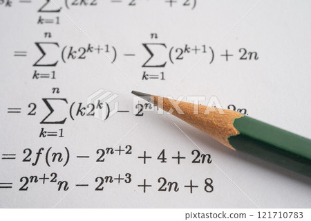 Pencil on mathematic formula exercise test paper in education school. 121710783