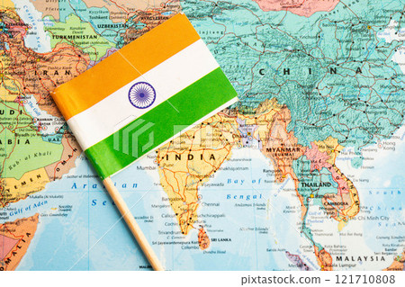 Bangkok, Thailand  November, 2024 India flag on world map. 121710808