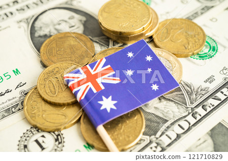 Australia flag on coin and banknote money, finance trading investment business currency. 121710829