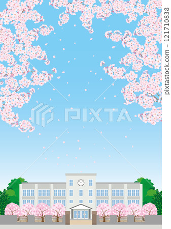 Illustration of a spring school building where cherry blossoms bloom 121710838