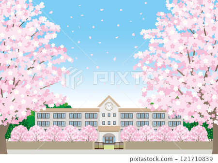 櫻花盛開的春季校舍的插圖 121710839