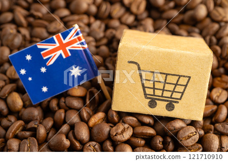 Australia flag on coffee beans, shopping online for export or import food product. Australia flag on coffee beans, shopping online for export or import food product. 121710910