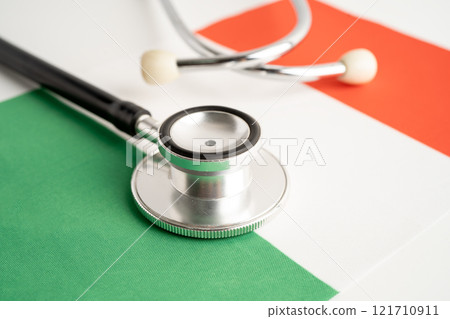 Italy flag with black stethoscope, Business and finance. Italy flag with black stethoscope, Business and finance. 121710911
