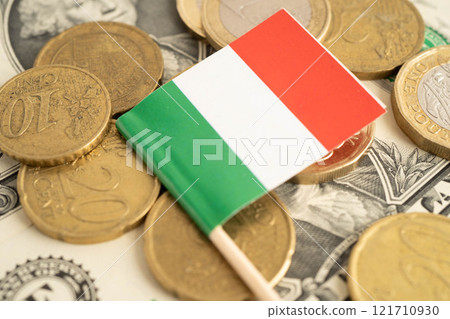 Italy flag on coin and banknote money, finance trading investment business currency. Italy flag on coin and banknote money, finance trading investment business currency. 121710930