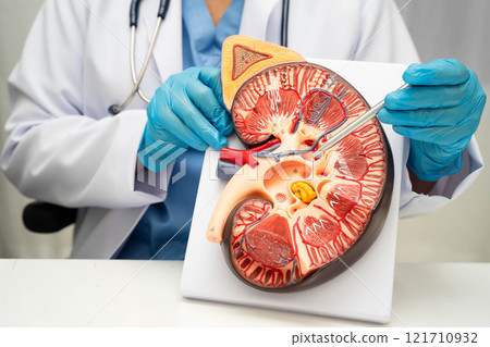 Chronic kidney disease, doctor with model for treatment urinary system, urology, Estimated glomerular filtration rate eGFR. Chronic kidney disease, doctor with model for treatment urinary system, urology, Estimated glomerular filtration rate eGFR. 121710932