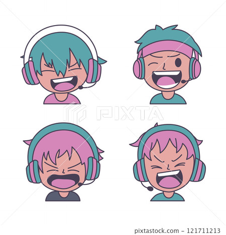 Set of Cute Boy Gamer Anime Cartoon Character Wearing Headset with Shouting Expression 121711213