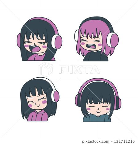 Set of Cute Girl Gamer Anime Cartoon Character Wearing Headset with Sad Expression Set of Cute Girl Gamer Anime Cartoon Character Wearing Headset with Sad Expression 121711216