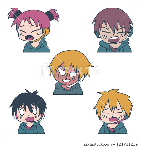 Set of Cute Boy Gamer Anime Cartoon Character Wearing Headset with Shouting Angry Expression Set of Cute Boy Gamer Anime Cartoon Character Wearing Headset with Shouting Angry Expression 121711219