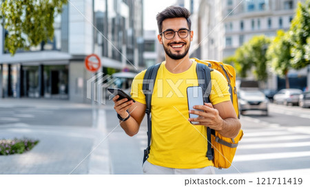 Man holding smartlphone to sharing data and communication social network in modern city. Man holding smartlphone to sharing data and communication social network in modern city. 121711419