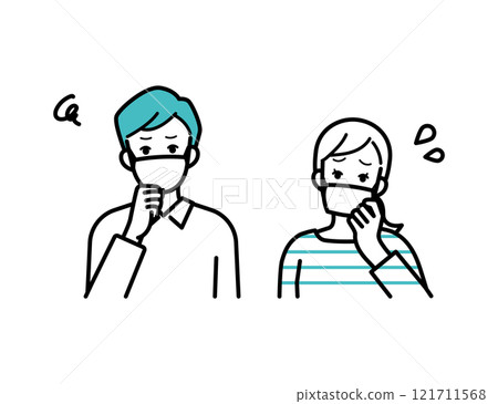 戴口罩時遇到麻煩的男人和女人的預防插圖 121711568