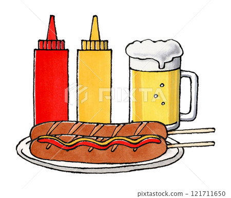 法蘭克福啤酒和生啤酒(番茄醬和芥末) 法蘭克福啤酒和生啤酒(番茄醬和芥末) 121711650