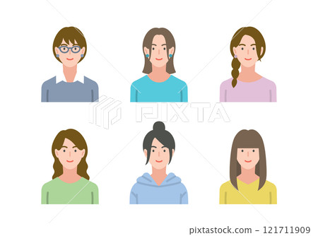 Set of women in casual clothes smiling 121711909