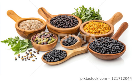 Beans with leaves on white background. Beans with leaves on white background. 121712044