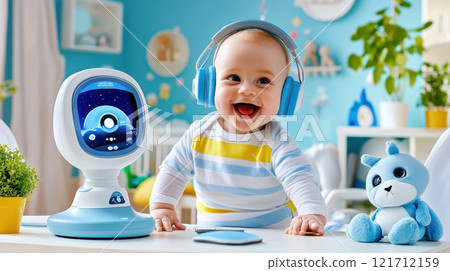 Baby happy use headphone with cctv in blue bedroom. 121712159