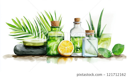 Collection of herbal massage oil for healthy spa watercolor painting isolated on white background. 121712162