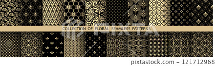 Geometric floral set of seamless patterns. Golden and black vector backgrounds. Damask graphic ornaments Geometric floral set of seamless patterns. Golden and black vector backgrounds. Damask graphic ornaments 121712968