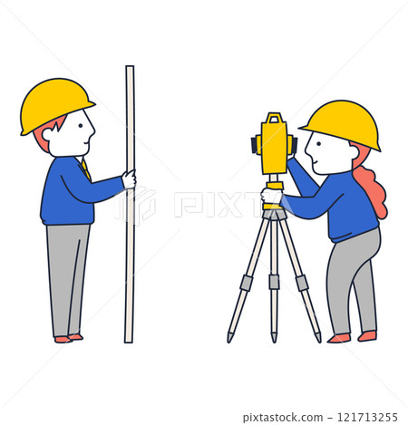 進行土地測量和房屋測量的男性和女性測量員 進行土地測量和房屋測量的男性和女性測量員 121713255