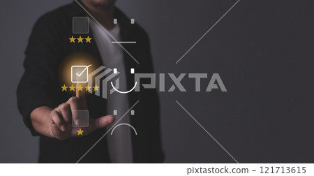 Happy Customer, Young Man hand touching emoji five star to review and give 5 stars  121713615