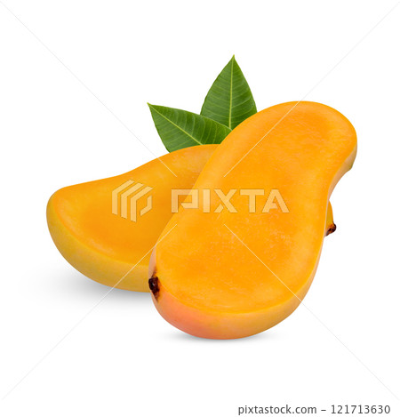 Mango sliced with leaves isolated on white background Mango sliced with leaves isolated on white background 121713630