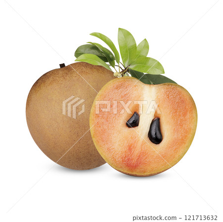 Fresh sapodilla with leaves isolated on white background Fresh sapodilla with leaves isolated on white background 121713632