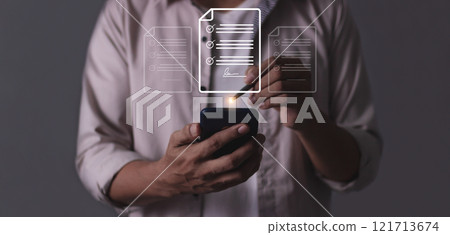 Young man hand holding smartphone mobile using a pen touching to sign a Online Business Contract, Young man hand holding smartphone mobile using a pen touching to sign a Online Business Contract, 121713674