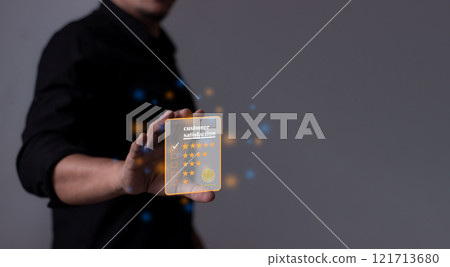 Young Man hand holding five star to review and give 5 stars with very good results in service, Young Man hand holding five star to review and give 5 stars with very good results in service, 121713680