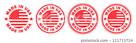 Made in USA grunge style circle rubber stamp badge icon. Produced in the USA logo sign symbol. Vector illustration image. Isolated on white background. Made in USA grunge style circle rubber stamp badge icon. Produced in the USA logo sign symbol. Vector illustration image. Isolated on white background. 121713724