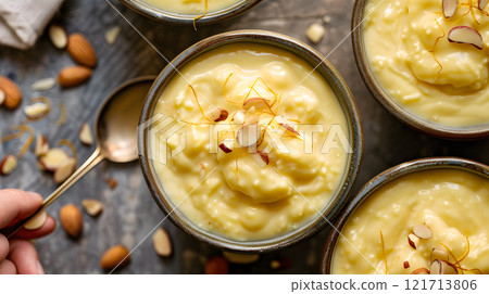 Diwali, Kheer being served in small bowls garnished 121713806