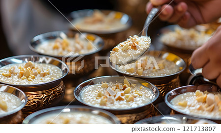 Diwali, kheer being served with a ladle the rich cream Diwali, kheer being served with a ladle the rich cream 121713807