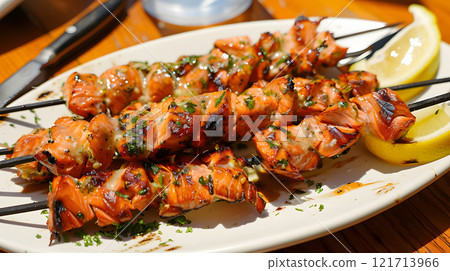 Grilled food, A plate of grilled salmon skewers with a citrus glaze 121713966