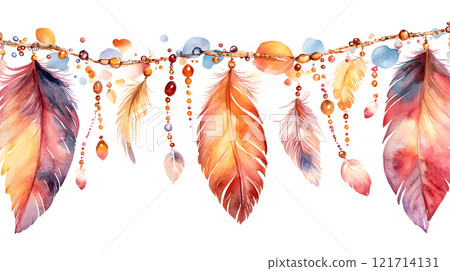 Boho Christmas banner clipart with feathers and bead 121714131