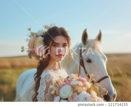 新娘和白馬AI生成的素材 新娘和白馬AI生成的素材 121714235