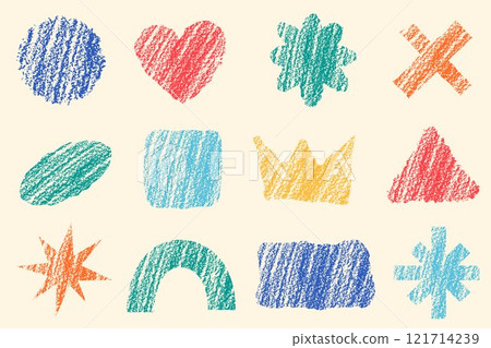 Shapes with crayon texture. Color pencil hand drawn figures. Vector doodle charcoal elements. Geometric abstract chalk scribbles on pastel background. Retro playful collage elements Shapes with crayon texture. Color pencil hand drawn figures. Vector doodle charcoal elements. Geometric abstract chalk scribbles on pastel background. Retro playful collage elements 121714239