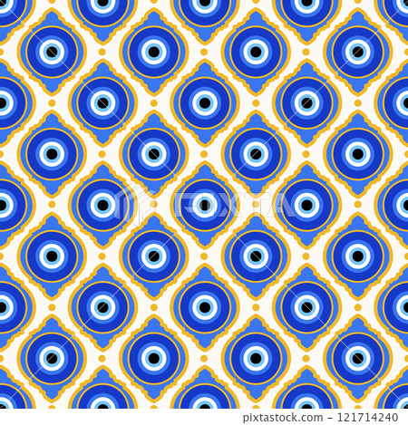 Evil eye seamless background. Greek and Turkish blue bead. Vector magic pattern with ethnic nazar - symbol of protection and luck. Traditional ornament with energy amulet and spiritual talisman Evil eye seamless background. Greek and Turkish blue bead. Vector magic pattern with ethnic nazar - symbol of protection and luck. Traditional ornament with energy amulet and spiritual talisman 121714240