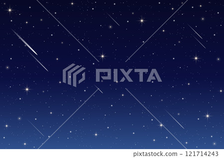 Night sky background with stars and comets. Dark blue galaxy outer space with constellations with cosmic light of sparkles. Magic astrology vector gradient wallpaper. Realistic beautiful nature 121714243