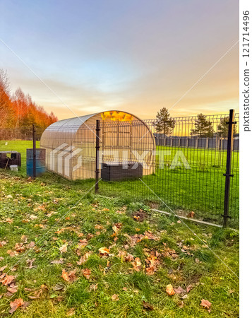 Greenhouse in a Fenced Garden at Sunset with Autumn Leaves on Grass. High quality photo Greenhouse in a Fenced Garden at Sunset with Autumn Leaves on Grass. High quality photo 121714496