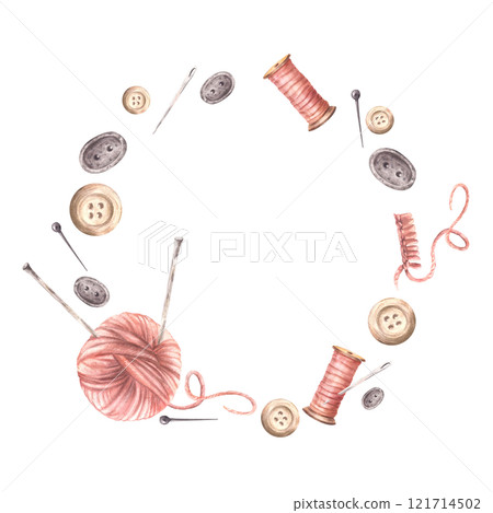 Buttons, a pink yarn ball with knitting needles, thread spool and sewing pins circle frame. Needlework, handicrafts round label template. Watercolor hand drawn illustration isolated from background 121714502