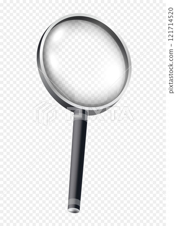 Magnifiying glass. Loupe for investigations and researching. Zoom equipment on copy space. Realistic isometric vector isolated on transparent background 121714520