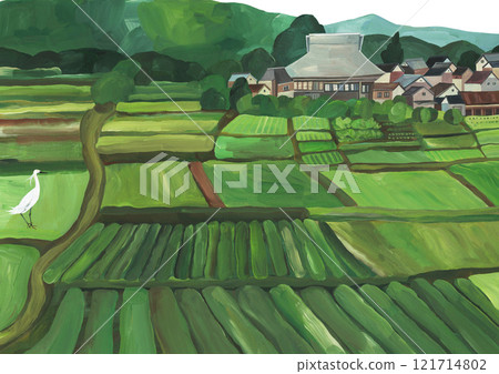 Watercolor illustration of Japanese countryside landscape 121714802