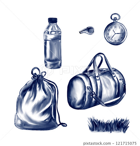 Sporting goods. Bag for uniform, water, stopwatch and whistle. Attributes for sports. watercolor illustration. Monochrome vintage style. No background. Sporting goods. Bag for uniform, water, stopwatch and whistle. Attributes for sports. watercolor illustration. Monochrome vintage style. No background. 121715075