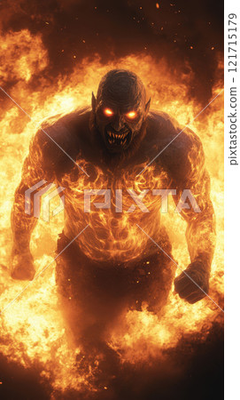 fierce demon with glowing tattoos emerges from flames 121715179