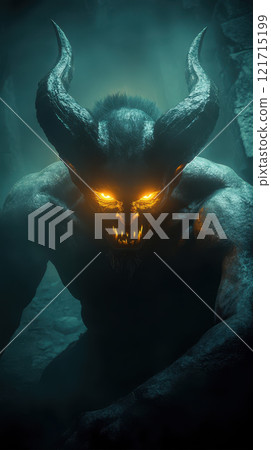 shadowy demon with glowing eyes in dark setting 121715199