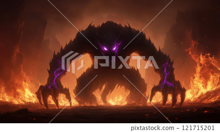 shadowy demon with glowing purple veins in flames shadowy demon with glowing purple veins in flames 121715201