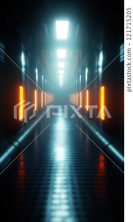 Futuristic corridor with glowing lights and reflections 121715205