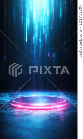 glowing circular platform with blue and pink light beams glowing circular platform with blue and pink light beams 121715207