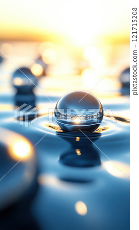 Glowing water droplets reflect sunlight on serene surface 121715208