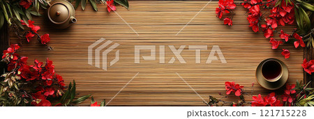 Bamboo mat with tea set and red flowers along the edges. 121715228